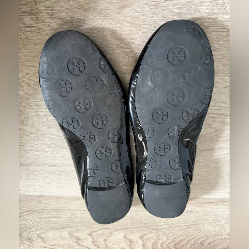 Tory Burch Black Patent Leather Logo Ballet Flats with Gold Emblem